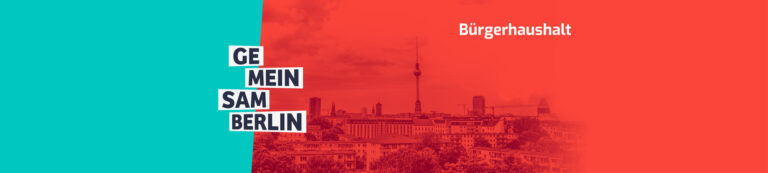 Skyline von Berlin mit dem Logo von "Gemeinsam Berlin"