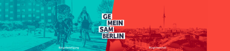 Radfahrende Familie neben der Skyline von Berlin. Im Zentrum das Logo von "Gemeinsam Berlin".