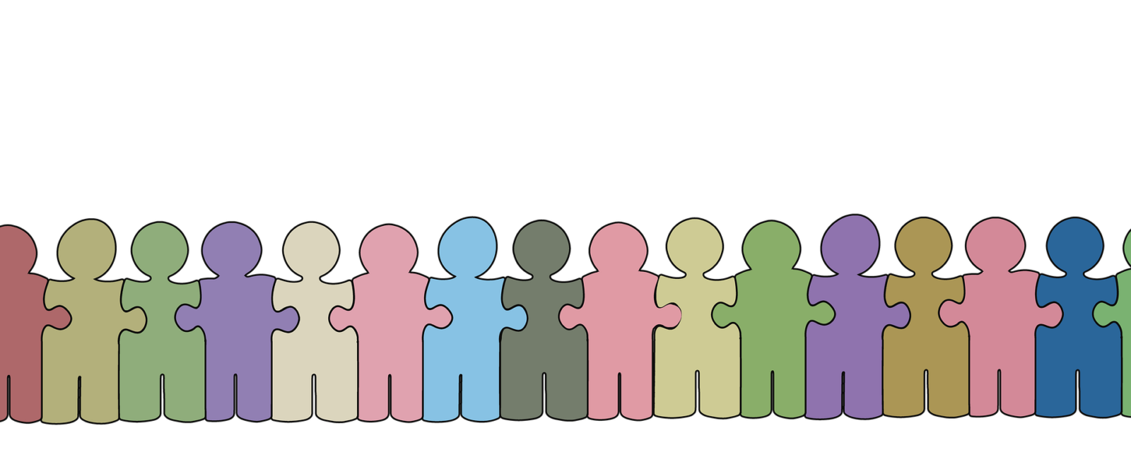 Illustration einer stilisierten Menschenkette, bei der die Personen wie Puzzleteile ineinander greifen