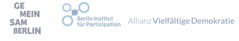 Logos: Gemeinsam Berlin, Berlin Institut für Partizipation, Allianz Vielfältige Demokratie